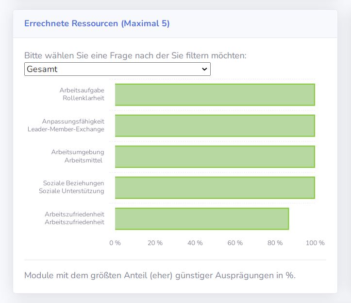 Auswertung Verhältnisprävention Balkendiagramm zeigt fünf berechnete Ressourcen mit Prozentwerten: Arbeitsaufgabe Rollenklarheit, Anpassungsfähigkeit Leader-Member-Exchange, Arbeitsumgebung Arbeitsmittel, Soziale Beziehungen Soziale Unterstützung, Arbeitszufriedenheit Arbeitszufriedenhe